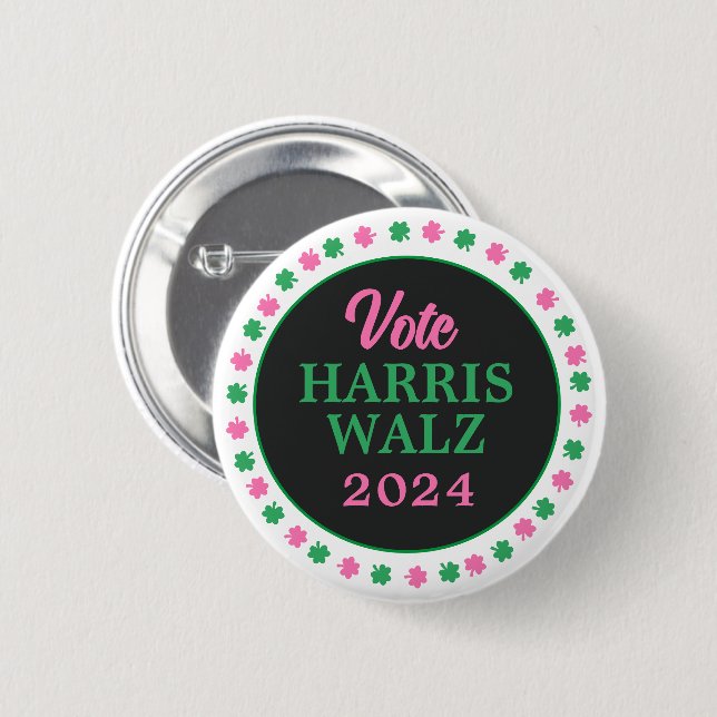 Pink Green Clover 2024 Vote Harris Walz 6 Cm Round Badge (Front & Back)