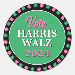 Pink Green Clover 2024 Vote Harris Walz Classic Round Sticker