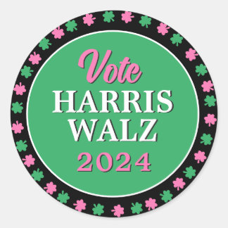 Pink Green Clover 2024 Vote Harris Walz Classic Round Sticker