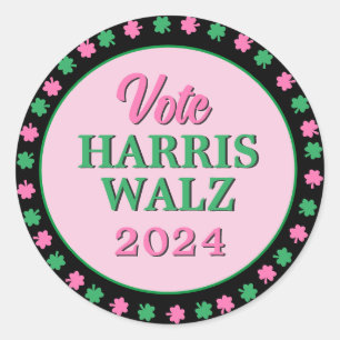 Pink Green Clover 2024 Vote Harris Walz Classic Round Sticker