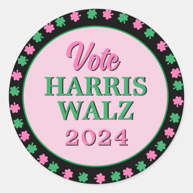 Pink Green Clover 2024 Vote Harris Walz Classic Round Sticker (Front)