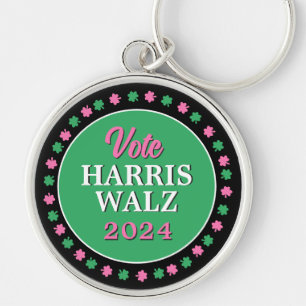 Pink Green Clover 2024 Vote Harris Walz Key Ring
