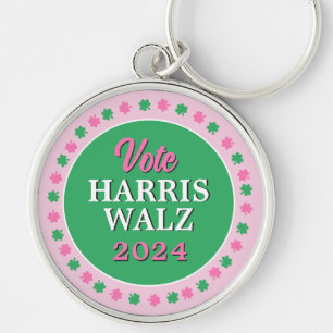 Pink Green Clover 2024 Vote Harris Walz Key Ring