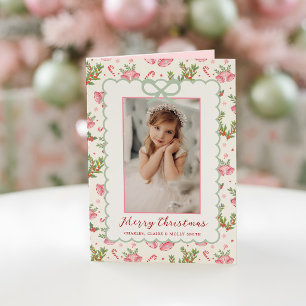 Pink/Green Coquette Bow Photo Scalloped Christmas Holiday Card