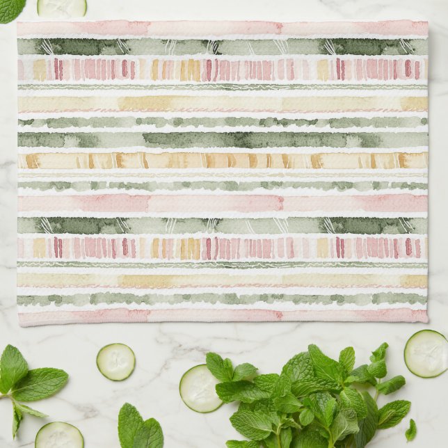 Pink Green Cream Stripes   Tea Towel (Folded)