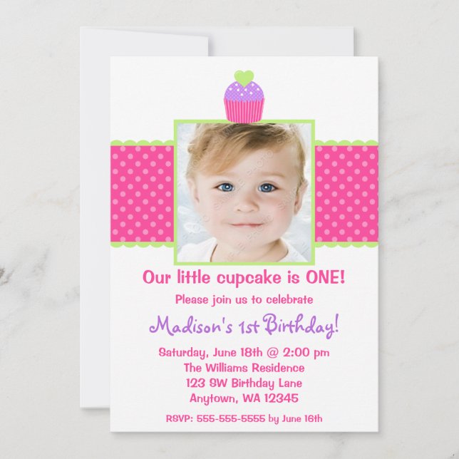 Pink Green Cupcake 1st Birthday Girl Photo Invitation (Front)