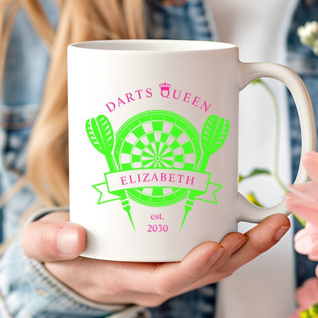 Pink Green Custom Name Darts Queen Coffee Mug (Creator Uploaded)