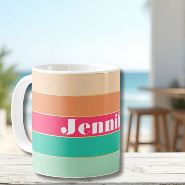 Pink Green Custom Summer Colour Block Stripes Coffee Mug (Creator Uploaded)