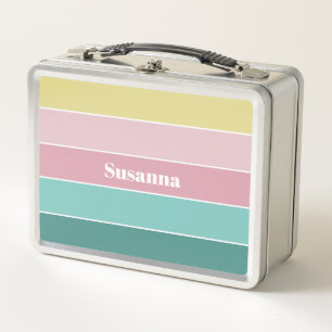 Pink Green Custom Summer Colour Block Stripes Metal Lunch Box
