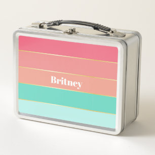 Pink Green Custom Summer Colour Block Stripes Metal Lunch Box