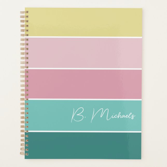 Pink Green Custom Summer Colour Block Stripes Planner (Front)