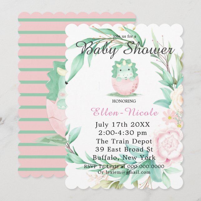 Pink Green Cute Dinosaur Peony Baby Shower Invites (Front/Back)