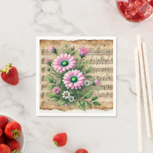 Pink & Green Daisies Vintage Sheet Music Découpage Napkin