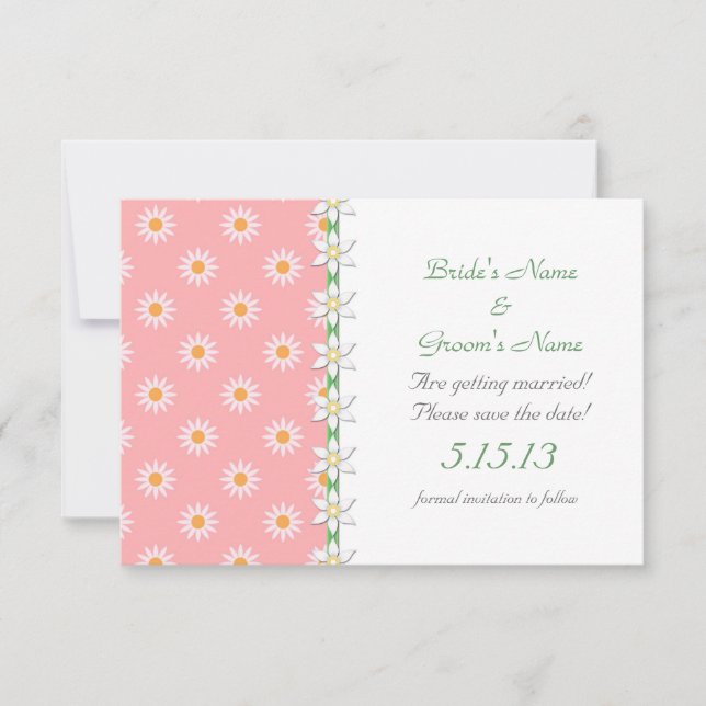 Pink Green Daisies Wedding Save the Date Invitation (Front)