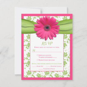 Pink Green Daisy Damask Wedding Meal Choice RSVP Card