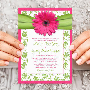 Pink Green Daisy Floral Damask Wedding Invitation