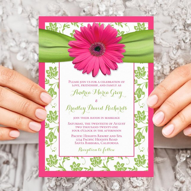 Pink Green Daisy Floral Damask Wedding Invitation (Creator Uploaded)