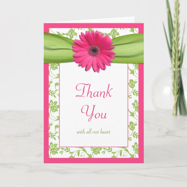 Pink Green Daisy Floral Wedding Thank You Card (Front)