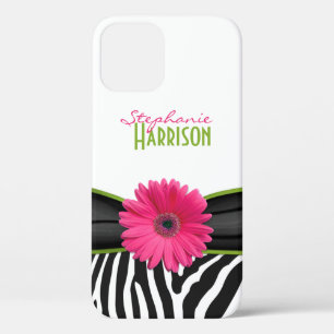 Pink Green Daisy Zebra Print Personalised iPhone 12 Case