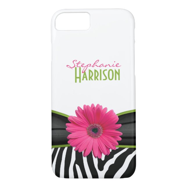 Pink Green Daisy Zebra Print Personalised Case-Mate iPhone Case (Back)