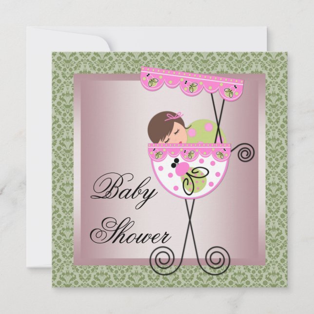 Pink Green Damask Baby Girl Shower Invitations (Front)