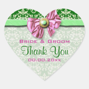 Pink green damask elegant "thank you" heart sticker