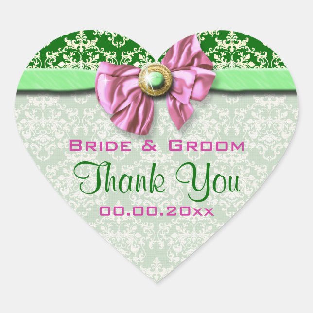 Pink green damask elegant "thank you" heart sticker (Front)