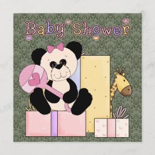 Pink Green Damask Teddy Bear Baby Girl Shower Invitation