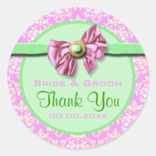 Pink green damask wedding elegant classic round sticker