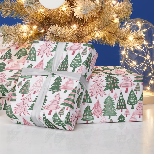 Pink & Green Decorated Trees On A White Background Wrapping Paper (Holidays)