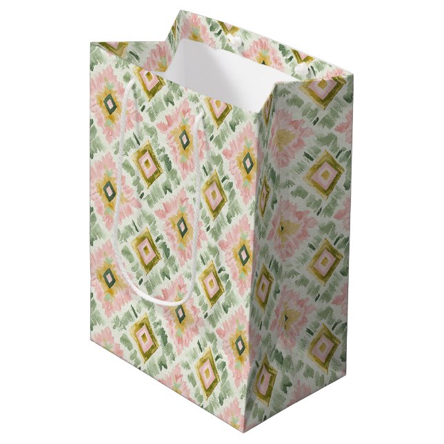 Pink Green Diamond Pattern Birthday Medium Gift Bag (Front Angled)