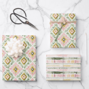 Pink Green Diamond Pattern Stripes Birthday Wrapping Paper Sheet