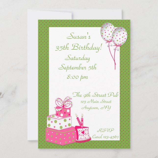 Pink Green Dotted Party Invitation (Front)