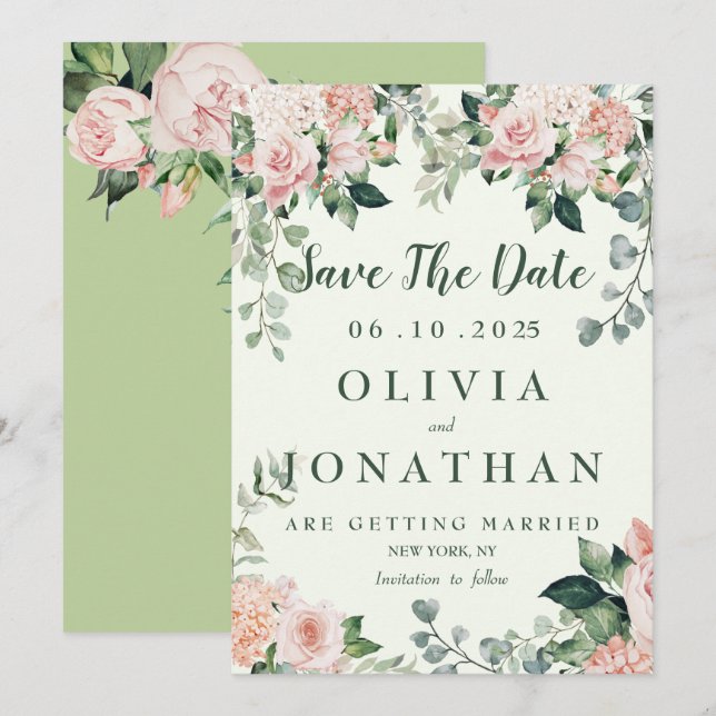 Pink Green Elegant Floral Watercolor Invitation (Front/Back)