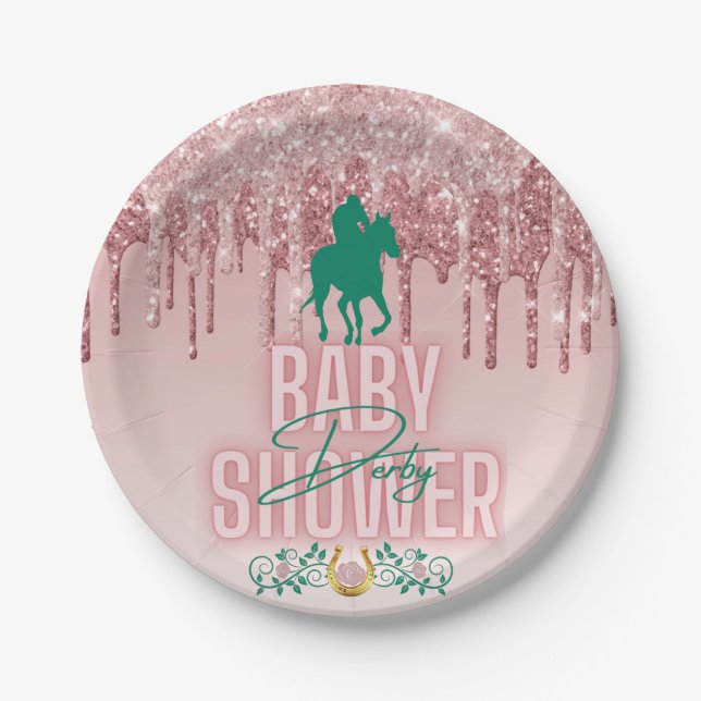 Pink|Green Elegant Glitter Drip Derby Baby Shower Paper Plate (Front)