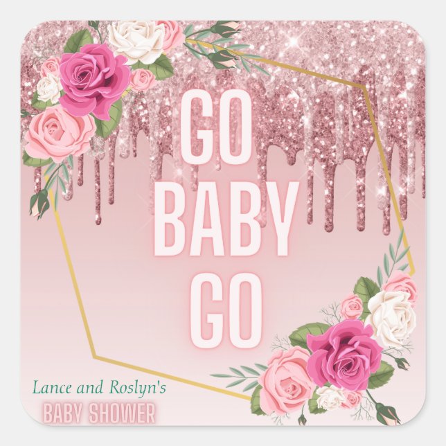 Pink|Green Elegant Glitter Drip Derby Baby Shower Square Sticker (Front)