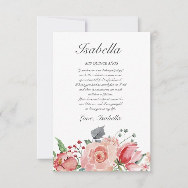 Pink & Green Elegant Quinceañera Thank You Card (Front)