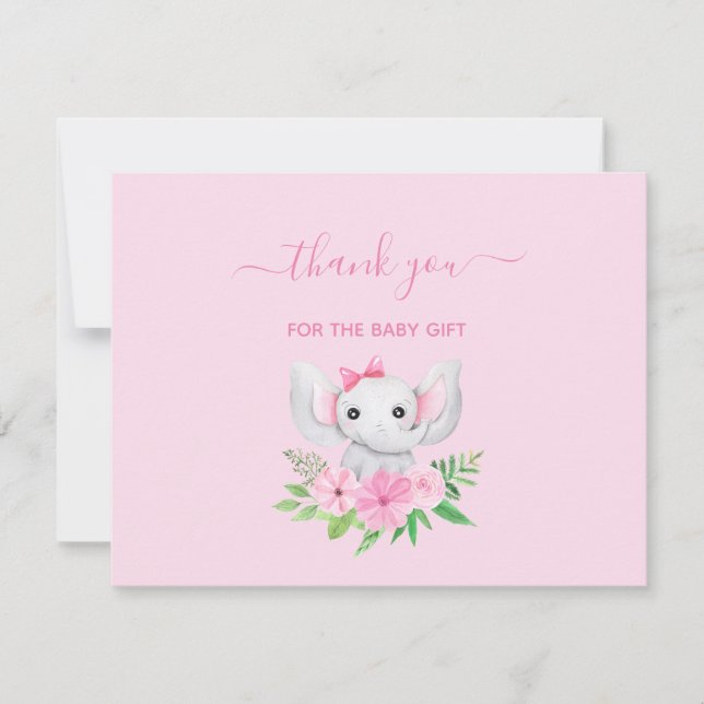 Pink Green Elephant Flowers Baby Thank you card (Front)
