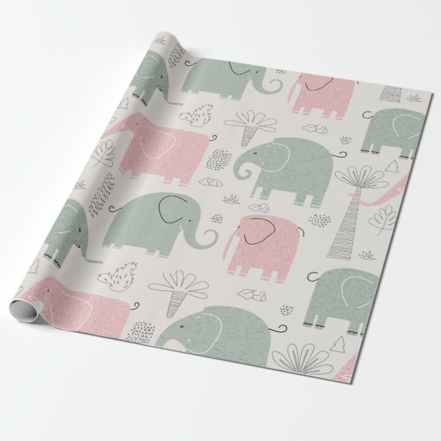 Pink Green Elephants Modern Kids Wrapping Paper (Unrolled)