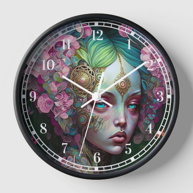 Pink Green Elf Fairy Woman Fantasy Art Clock (Front)