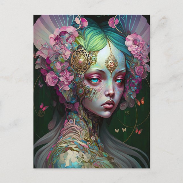 Pink Green Elf Fairy Woman Fantasy Art Postcard (Front)