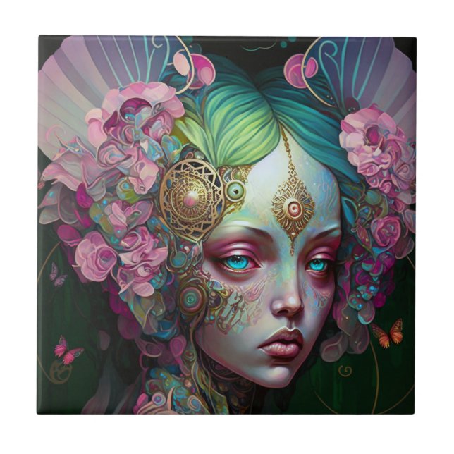 Pink Green Elf Fairy Woman Fantasy Art Tile (Front)