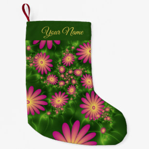 Pink Green Fantasy Flowers Abstract Fractal Name Small Christmas Stocking