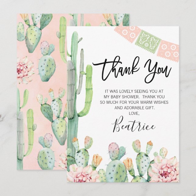 Pink Green Fiesta Baby Shower Thank You Card (Front/Back)