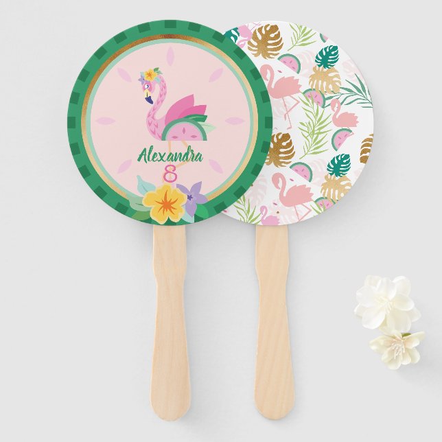 Pink Green Flamingo & Watermelon Tropical Birthday Hand Fan (Front and Back)