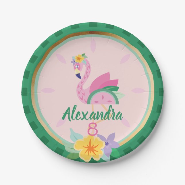 Pink Green Flamingo & Watermelon Tropical Birthday Paper Plate (Front)