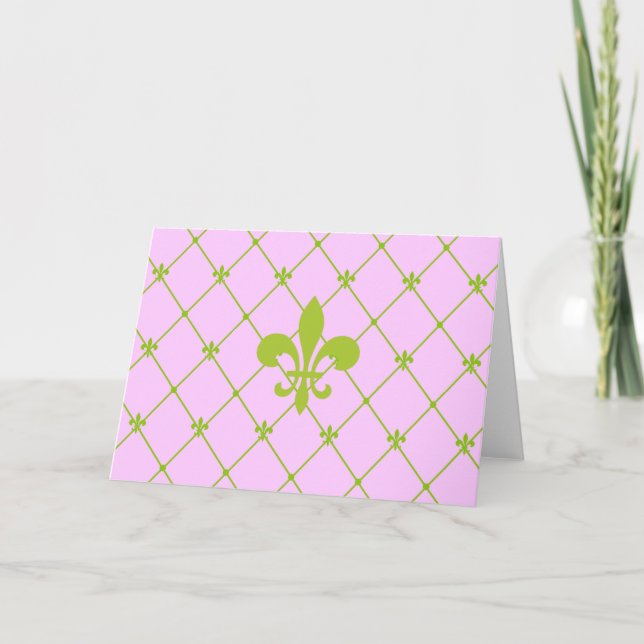 Pink & Green Fleur de Lis Pattern Greeting Card (Front)