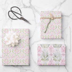 Pink Green Floral Abstract Birthday Wrapping Paper Sheet