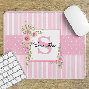 Pink Green Floral and Stripes Monogrammed Mouse Mat
