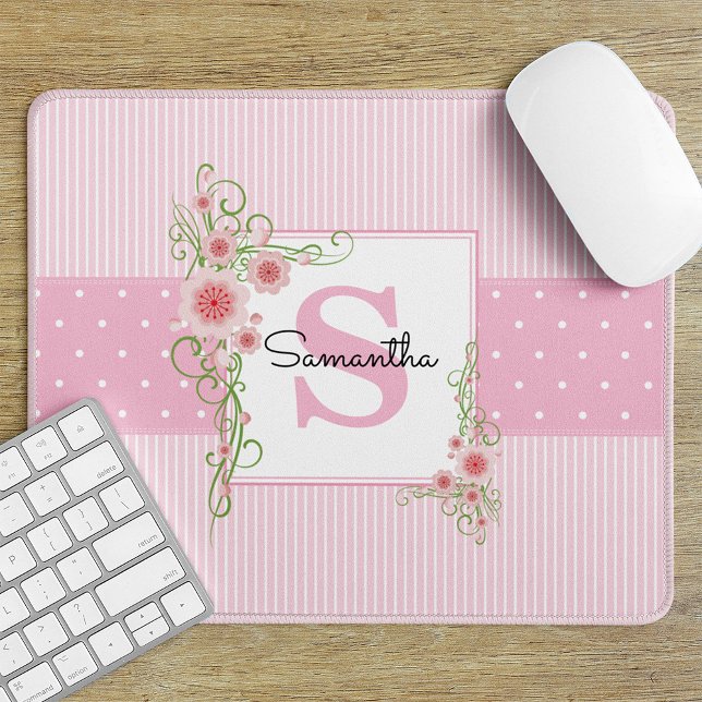 Pink Green Floral and Stripes Monogrammed Mouse Mat (Creator Uploaded)